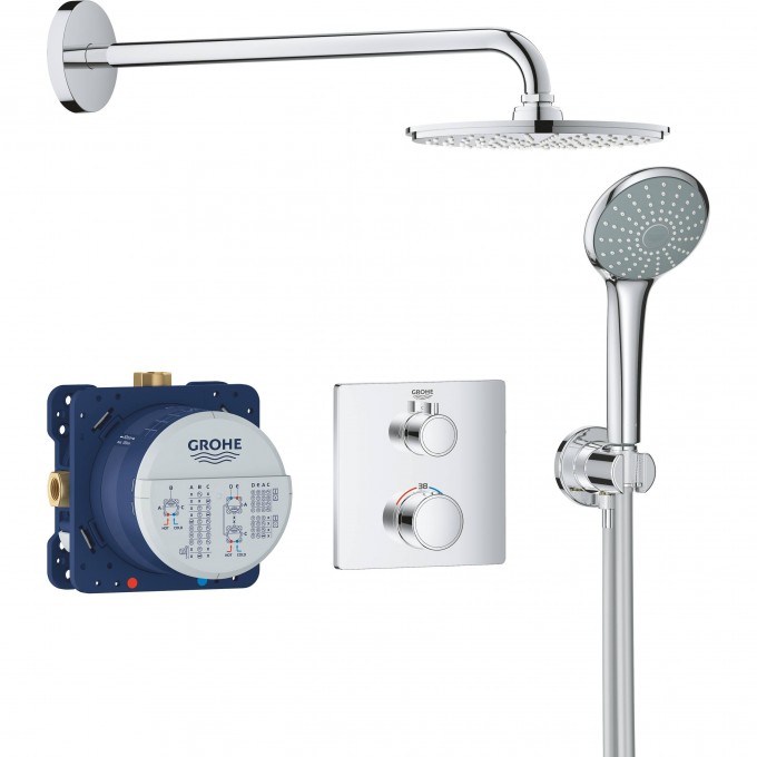 Набор для комплектации душа GROHE GROHTHERM: Термостатический смеситель, розетка, верхний душ с кронштейном, ручной душ, хром () 34734000 Набор для комплектации душа GROHE GROHTHERM: Термостатический смеситель, розетка, верхний душ с кронштейном, ручной душ, хром () 34734000