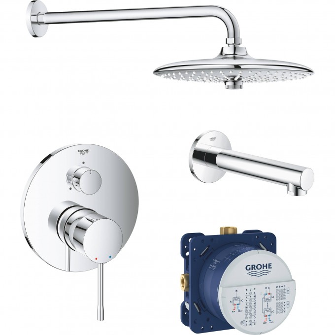 Набор для ванны: смеситель GROHE ESSENCE, верхний душ, ручной душ, круглая розетка, излив, хром 119697 Набор для ванны: смеситель GROHE ESSENCE, верхний душ, ручной душ, круглая розетка, излив, хром 119697