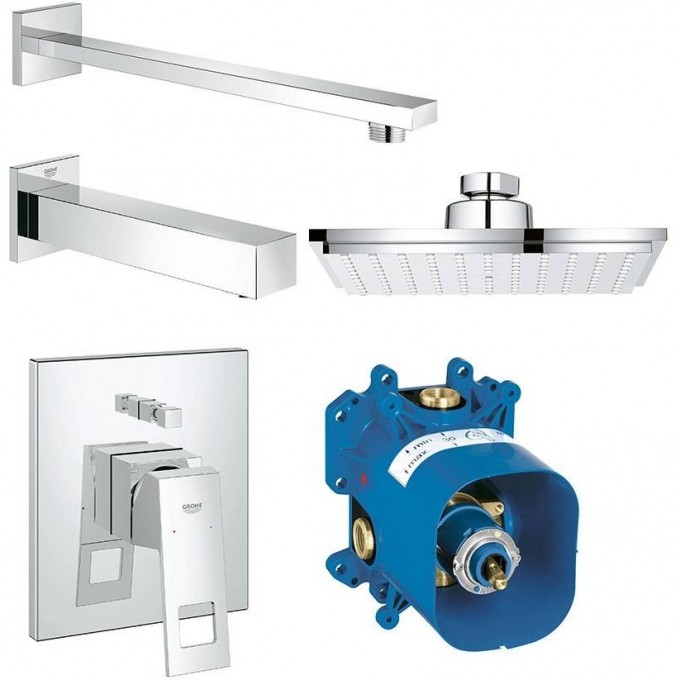 Набор для ванны: смеситель GROHE Eurocube, верхний душ, ручной душ, квадратная розетка, излив, хром 119696 Набор для ванны: смеситель GROHE Eurocube, верхний душ, ручной душ, квадратная розетка, излив, хром 119696